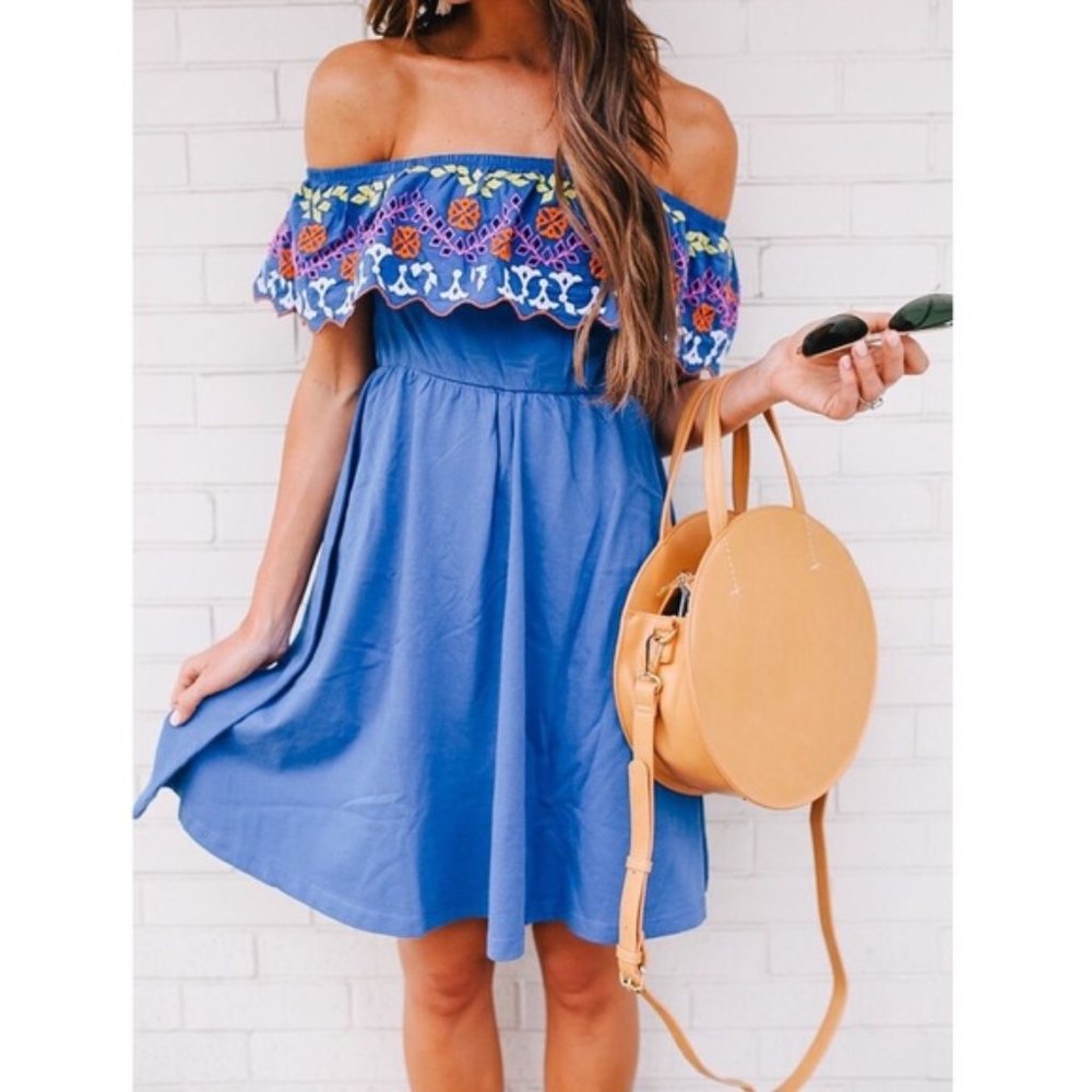 ASOS Blue Floral Embroidered Off Shoulder Dress
